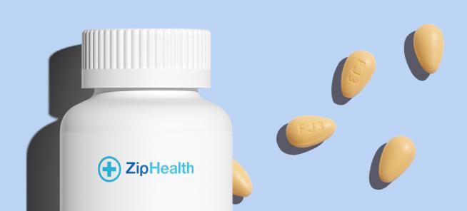 ZipHealth ED medication bottle and blue pills on a light blue background